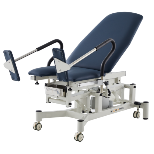 Picture of GYNAE CHAIR WITH GAS LIFT BACK - NAVY BLUE WITH BOTH FOOT STIRRUPS, FOOTPAD & PLUG